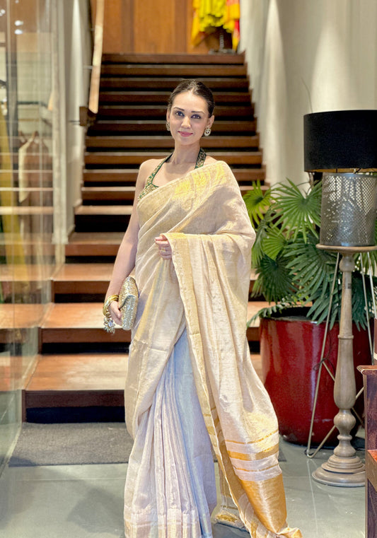Taarini (Beige Golden Linen Saree)