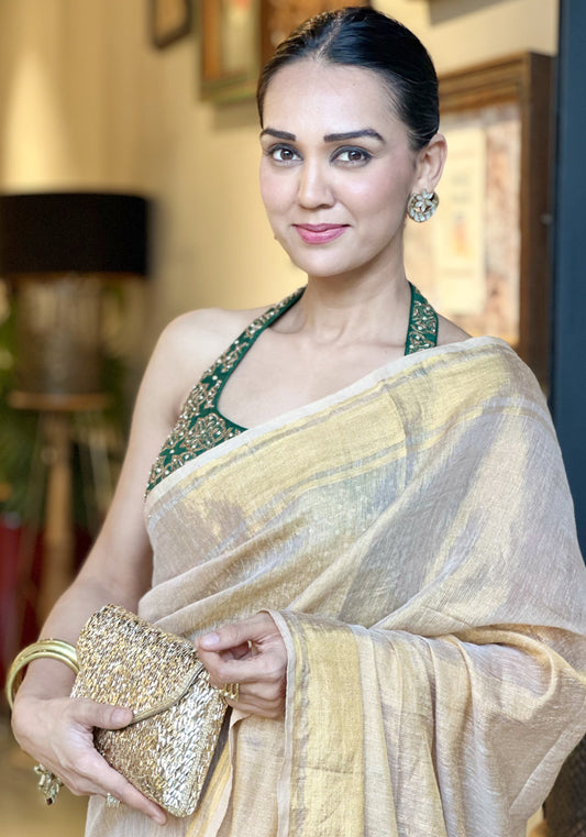 Taarini (Beige Golden Linen Saree)