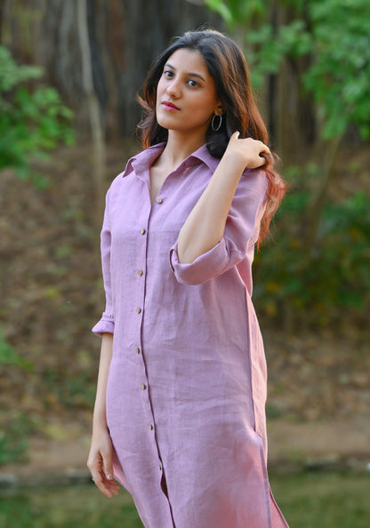 Blush Whispers-Lilac Linen Shirt Dress