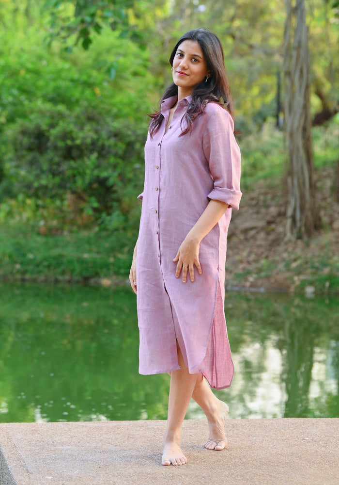 Blush Whispers-Lilac Linen Shirt Dress
