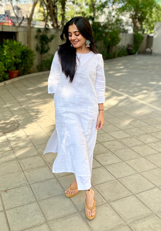 Sitara – White Linen Handcrafted Co-ord Set
